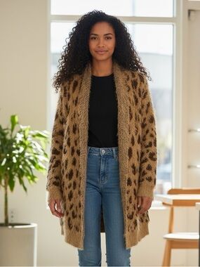 Olivers Leopard Fuzzy Knit Cardigan in Tan and brown L